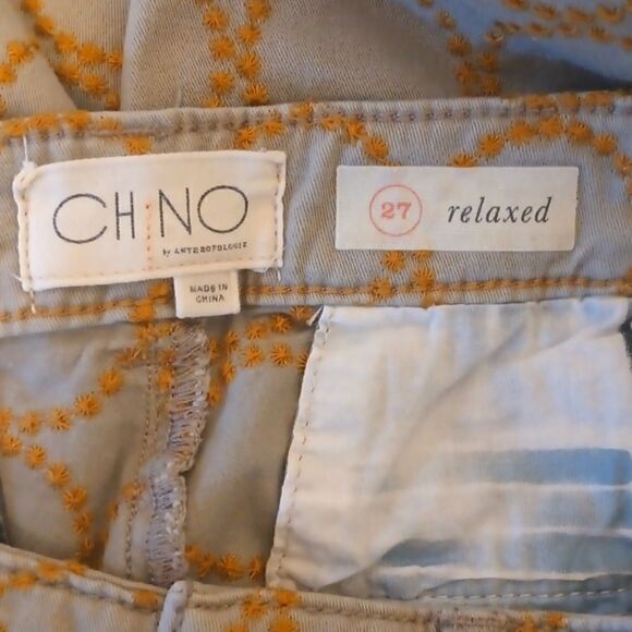 Anthropologie Chino khaki tan embroidered pants relaxed fit size 27 - Picture 5 of 8